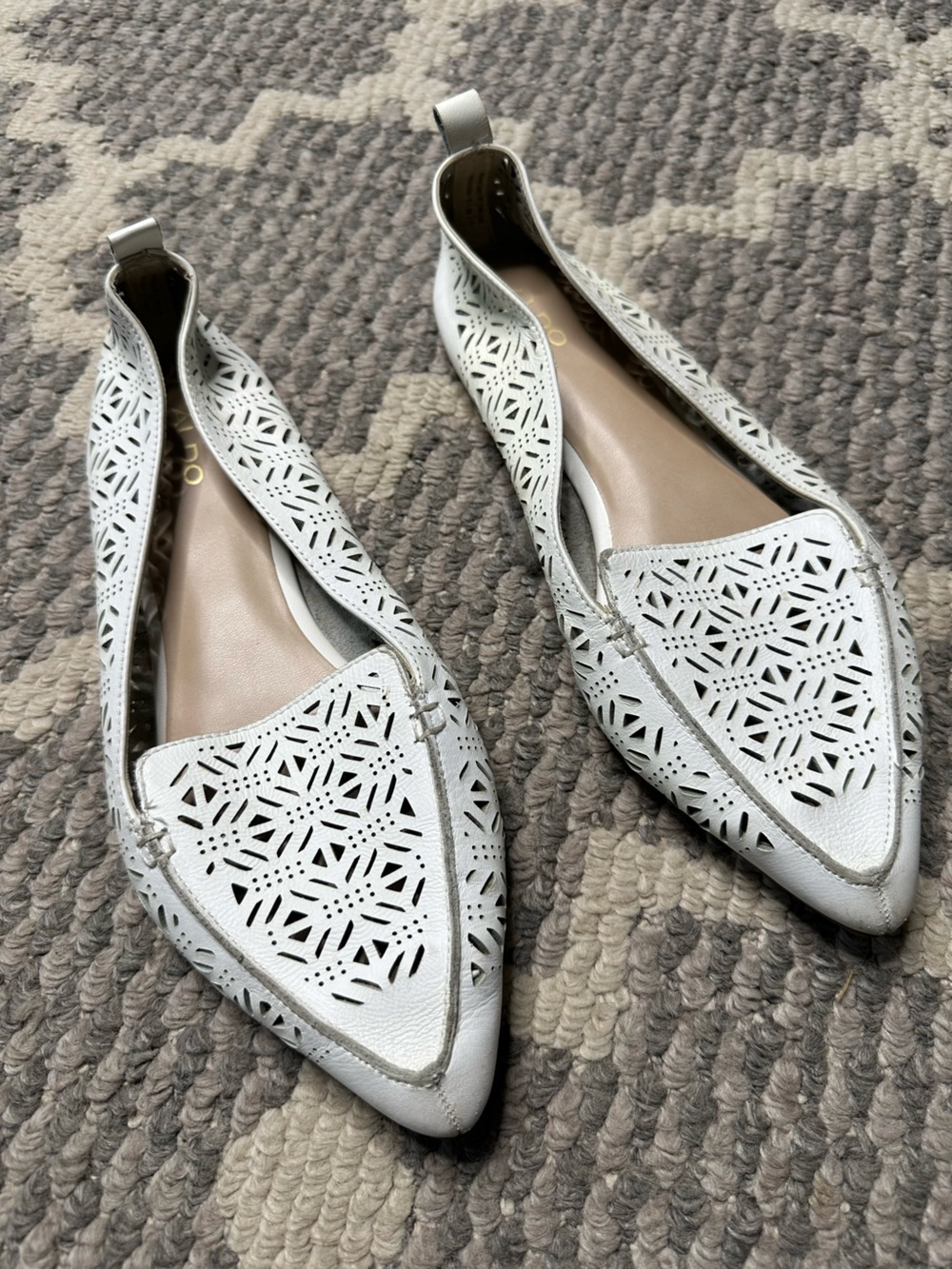 Aldo White Laser-Cut Pointed-Toe Slip-On Flats